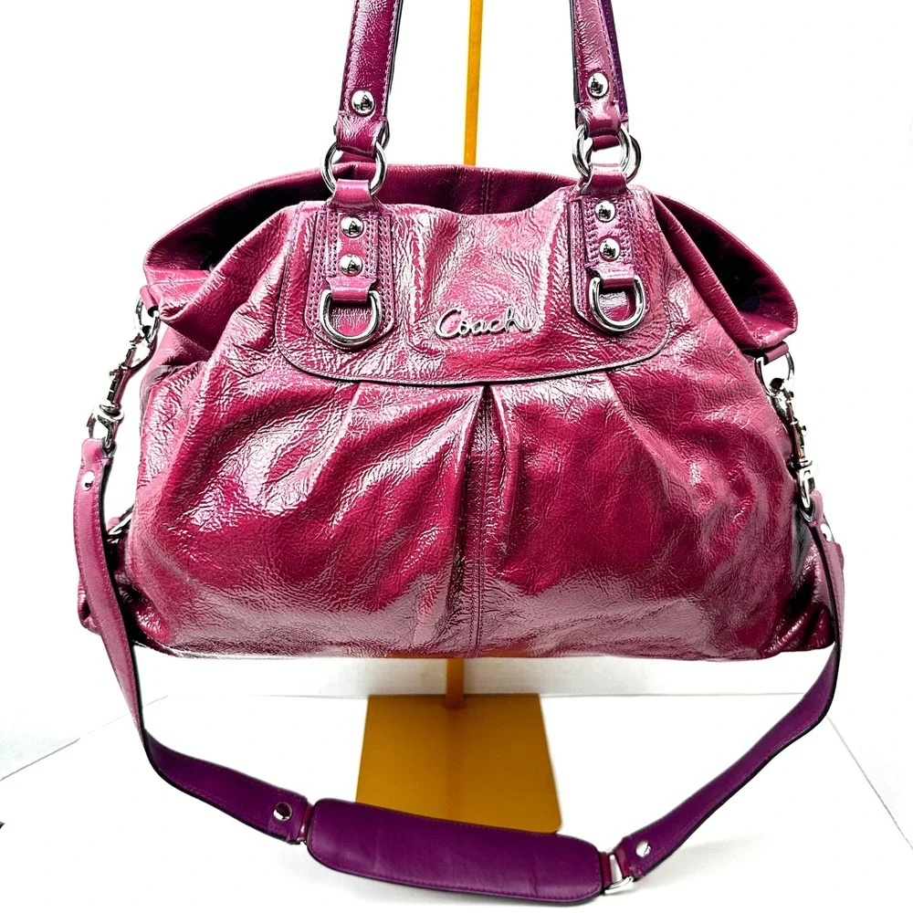 Coach Ashley Magenta Crimson Patent Leather Pleated Satchel Shoulder Bag F15455